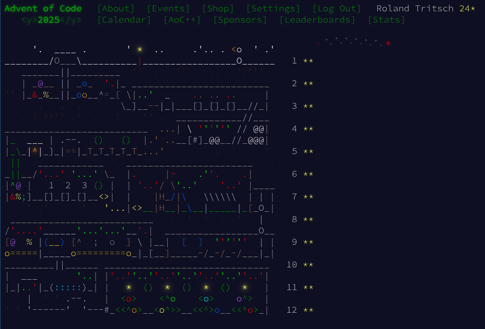 The Advent of Code 2025 tree and completed calendar